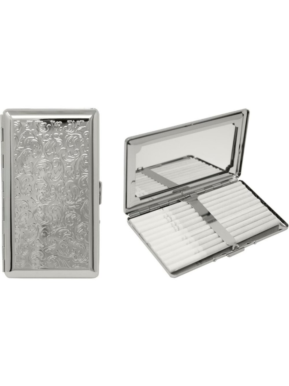 Set of 2 Vintage Metal-Plated Cigarette Case & Compact Mirror - Silver Victorian